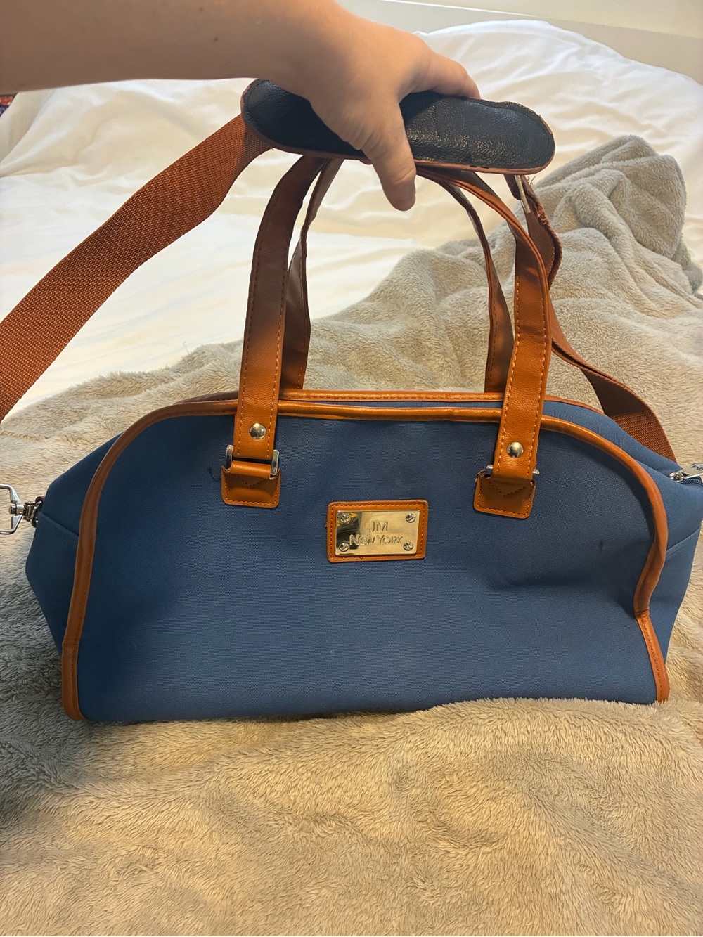 JM New York Blue and Tan Travel Satchel